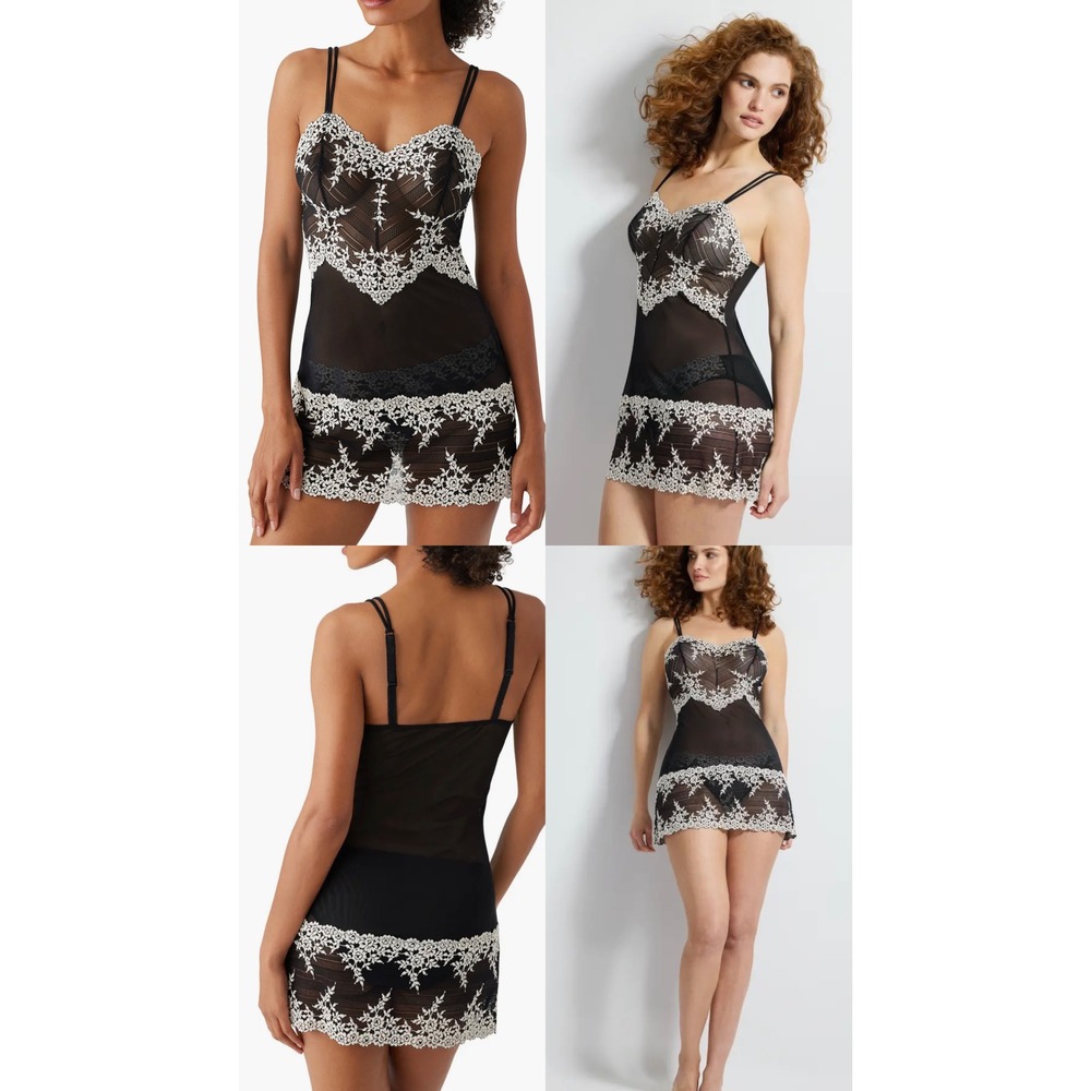 Wacoal Embrace Lace Chemise Black Ivory Floral Mesh Lingerie Slip 814191 XL